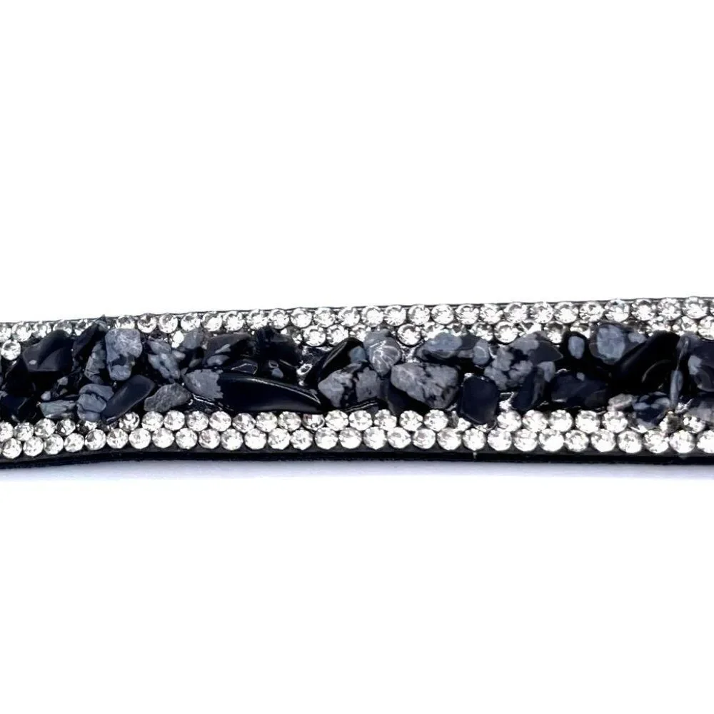 Black Faux Leather with Crystal and Chip Boho Adjustable Bracelet